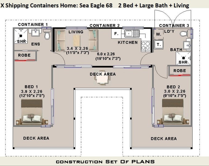 3 x Shipping Containers = 2 Bedroom Home | Full Construction House Plans | Blueprints USA  feet & Inches - Australian Metric Sizes- On Sale