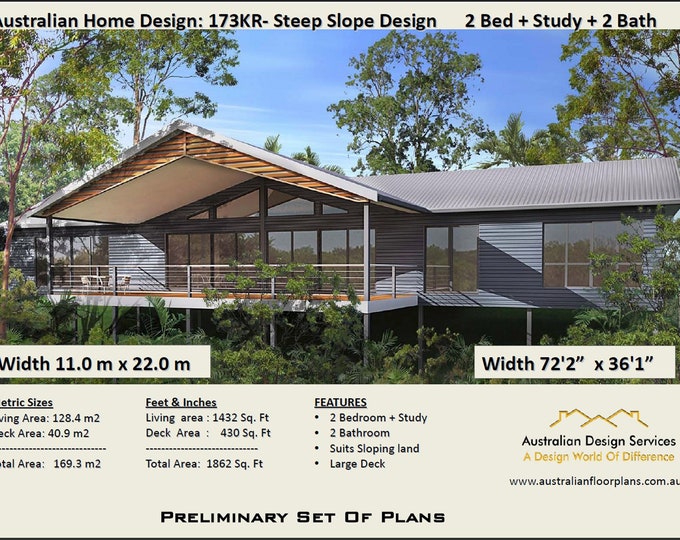 House plans / 2-Bedroom 2-Bath -- 1432 sq ft -- PDF Floor Plan -- Instant Download – 173KR concept house plans