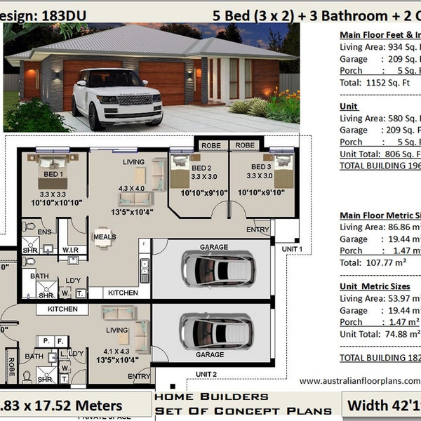 Double the Charm: Discover Our Duplex House Plans for Sale Today! 183m2 -1966 Sq Feet | 5 Bed Two Family home design