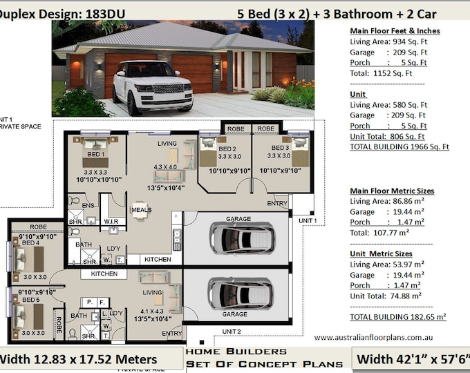 Double the Charm: Discover Our Duplex House Plans for Sale Today! 183m2 -1966 Sq Feet | 5 Bed Two Family home design