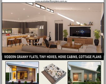 May include: A brochure advertising modern granny flats, tiny homes, home cabins, and cottage plans. The brochure features a 3D rendering of a modern living room with a large flat-screen TV and a dining table with chairs. The brochure also includes images of different house plans, including a small cabin with a wooden exterior and a modern home with a flat roof.