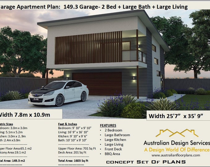 2 Bedroom house plan no- 149.3  Living Area 65.1 m2 |  701 sq foot  |  Garage Apartment  | carriage house |  Concept House Plans For Sale