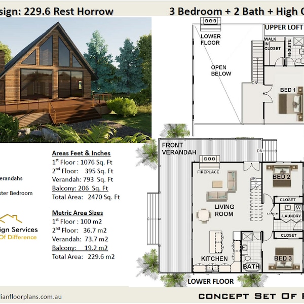 Country cottage with loft | architectural Concept house plans | Modern Cabin w/ Loft inexpensive getaway cottage plan Metric/feet and inches
