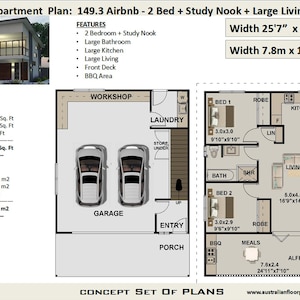 Garage Apartment Plan - 2 Bed + Study house plan Area 149.3 m2 |  1606 sq foot  |  airbnb Apartment  | Carriage house