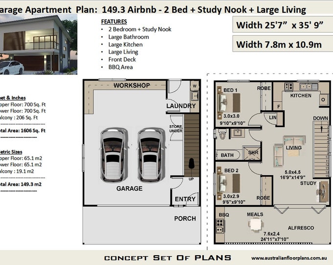 Garage Apartment Plan - 2 Bed + Study house plan Area 149.3 m2 |  1606 sq foot  |  airbnb Apartment  | Carriage house