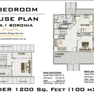 2 Bedroom Cottage house plan / Small and Tiny House Plans / Under 100 m2 or 1200 sq foot house plans / Granny Flat 26 x 36 Cottage Cabin image 3