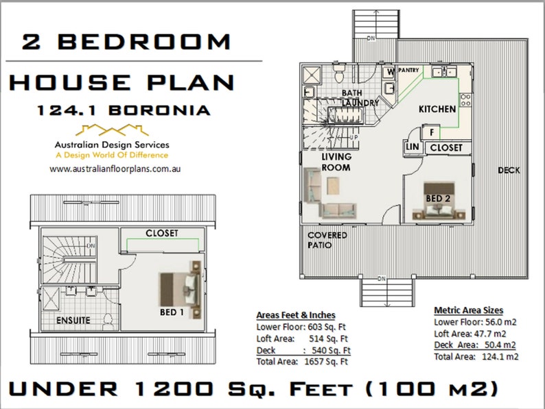 Cottage Cabin / 2 Bedroom Cottage house plan / Small and Tiny House Plans / Under 100 m2 or 1200 sq foot house plans / Granny Flat 26 x 36 image 3