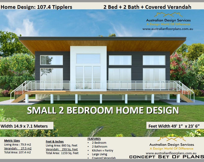 107.4 m2 or 1153 sq. foot - 2 Bedroom house plan /  Small and Tiny House Plans / metric Under 1200 sq. foot house plans