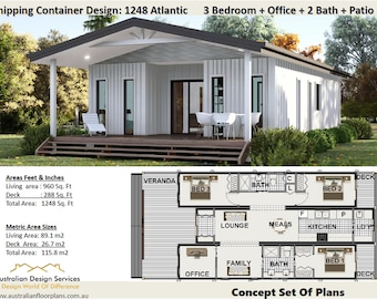 Op de afbeelding: Een wit ontwerp voor een containerwoning genaamd "1248 Atlantic" met een indeling van 3 slaapkamers, kantoor, 2 badkamers en een patio. Het plan omvat een woonoppervlak van 960 vierkante voet en een terras van 288 vierkante voet, voor een totale oppervlakte van 1248 vierkante voet.