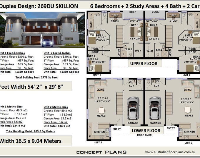 Duplex house plans | Modern 2 family home 269.8 m2 | 2778 sq. feet | Townhouse plans | 2 Family House Plans