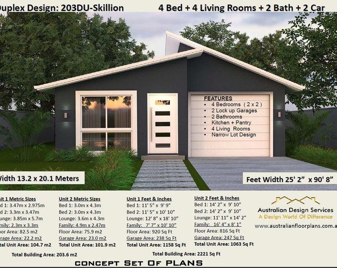 DUPLEX 4 Bedrooms |  2 x 2 bedroom |  2221 Sq Foot or 203.6 m2 | 4 Bedrooms duplex design | 4 bedroom duplex | Narrow 4 bed duplex plans