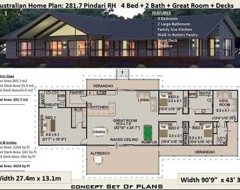 May include: Floor plan for a 281.7 square meter home with 4 bedrooms, 2 bathrooms, a great room, and decks. The plan includes a kitchen, dining room, living room, and a kids' room. The home is 27.4 meters wide by 13.1 meters long.