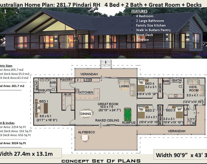 Sloping Land 4 Bedroom house plan 281.7 Pindari  | 281 m2 | 3024 sq foot  | house plans on piers and beams |  Hillside House Plans For Sale