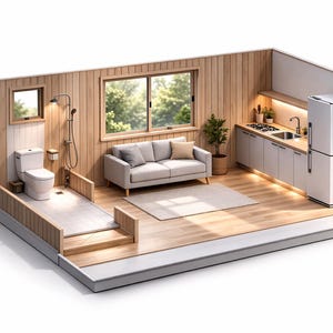 Backyard Haven 18- Tiny Home Construction Plans | 1 Bed, 1 Bath | 193 Sq. Ft | Complete Floor, Elevations & 3D Plans