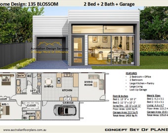May include: A floor plan for a 2 bedroom, 2 bathroom home with a garage. The home is 1,453 square feet and features a large kitchen, living room, and dining room. The floor plan is labeled "135 BLOSSOM".