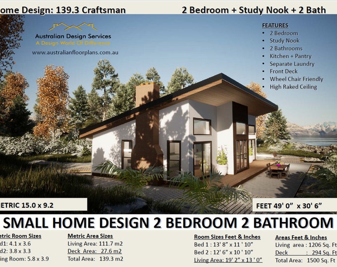 Modern 2 Bedroom house blueprints /  Small and Tiny House Plans / 1500 sq foot / Granny Flat / Wheel Chair Friendly / Feet and Metric