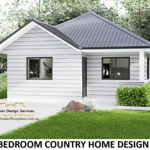 May include: A two-bedroom country home design with a white exterior, black trim, and a gray roof. The image includes text that reads "Australian Design Services" and "2 Bedroom Country Home Design."