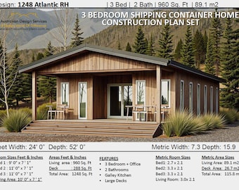 Op de afbeelding: Een 3-slaapkamer scheepscontainer woningbouwplanset, met een houten buitenkant en een groot terras. Het plan omvat een woonkamer, 3 slaapkamers, 2 badkamers, een keukentje en grote terrassen. De woning is 7,3 meter breed en 15,9 meter diep, met een totale oppervlakte van 115,8 vierkante meter.