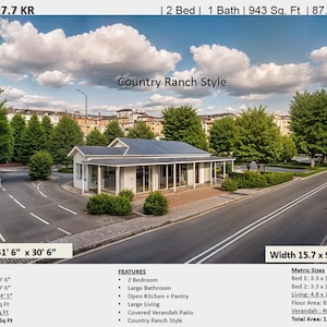 May include: An architectural rendering of a Country Ranch Style home. The white building has a dark roof and large windows. The image includes measurements in feet and inches, and the total area is 1375 sq ft.