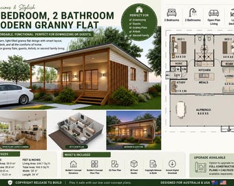 May include: A modern, light-filled granny flat design with two bedrooms, two bathrooms, and an open-plan living area. The image includes a floor plan, a 3D floor plan, and a modern elevation view. The design is suitable for downsizing or guests.