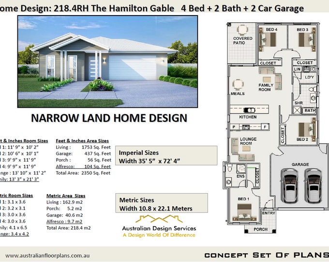 house plans - 4 Bedroom | 218.4 m2 or 2350 Sq. Feet | 4 Bedroom home design  |  Narrow Land House Plans For Sale - Mirror Gable Roof