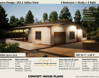 HOUSE PLANS - architectural Concept house plans | Modern3 Bedroom + Study inexpensive cottage plan Metric/feet and inches