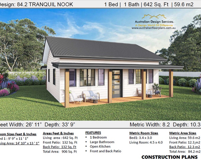 COUNTRY TRANQUIL NOOK- 642 square Feet (59.6 m2) | Ranch Design Construction Plans