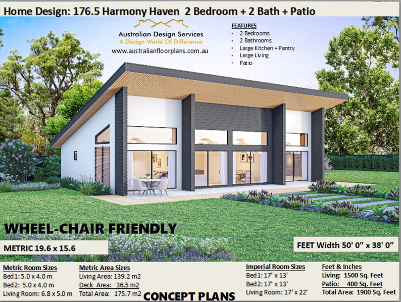 2 Bedroom Modern House Plan / Small and Tiny House Plans / Metric Under ...