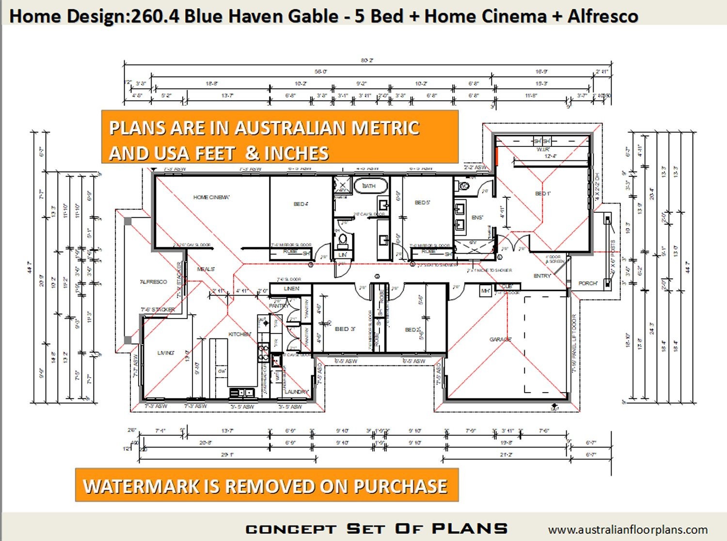 Huisplannen met 5 slaapkamers Australië | 260,4 m2 of 2800 vierkante meter.  Voeten | Ontwerp met 5 slaapkamers | Plattegronden met 5 bedden |  Blauwdrukken met 5 bedden | Huisontwerp met 5 slaapkamers - Etsy België, image size:1500x1116