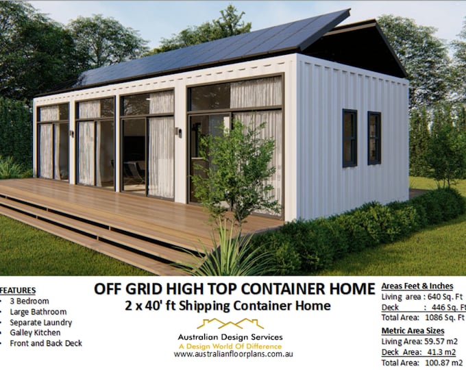 CONSTRUCTION SET / Off the Grid Shipping Container house plans 640 Sq. Ft / 59 Sq Meters | House Plans 3 Bedroom Container home