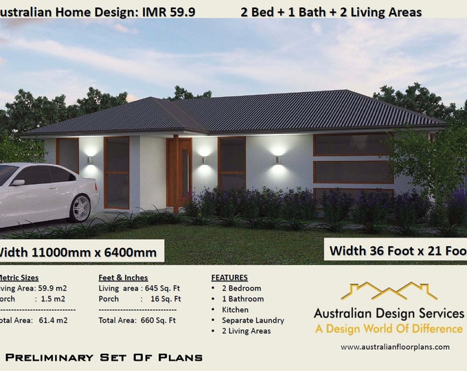 59.9imr - 61.4 m2 | 660 Sq Foot | 2 bedroom small home | 2 Bedroom floor plan | 2 bedroom granny flat | Under 1000 sq foot 2 bed house plans