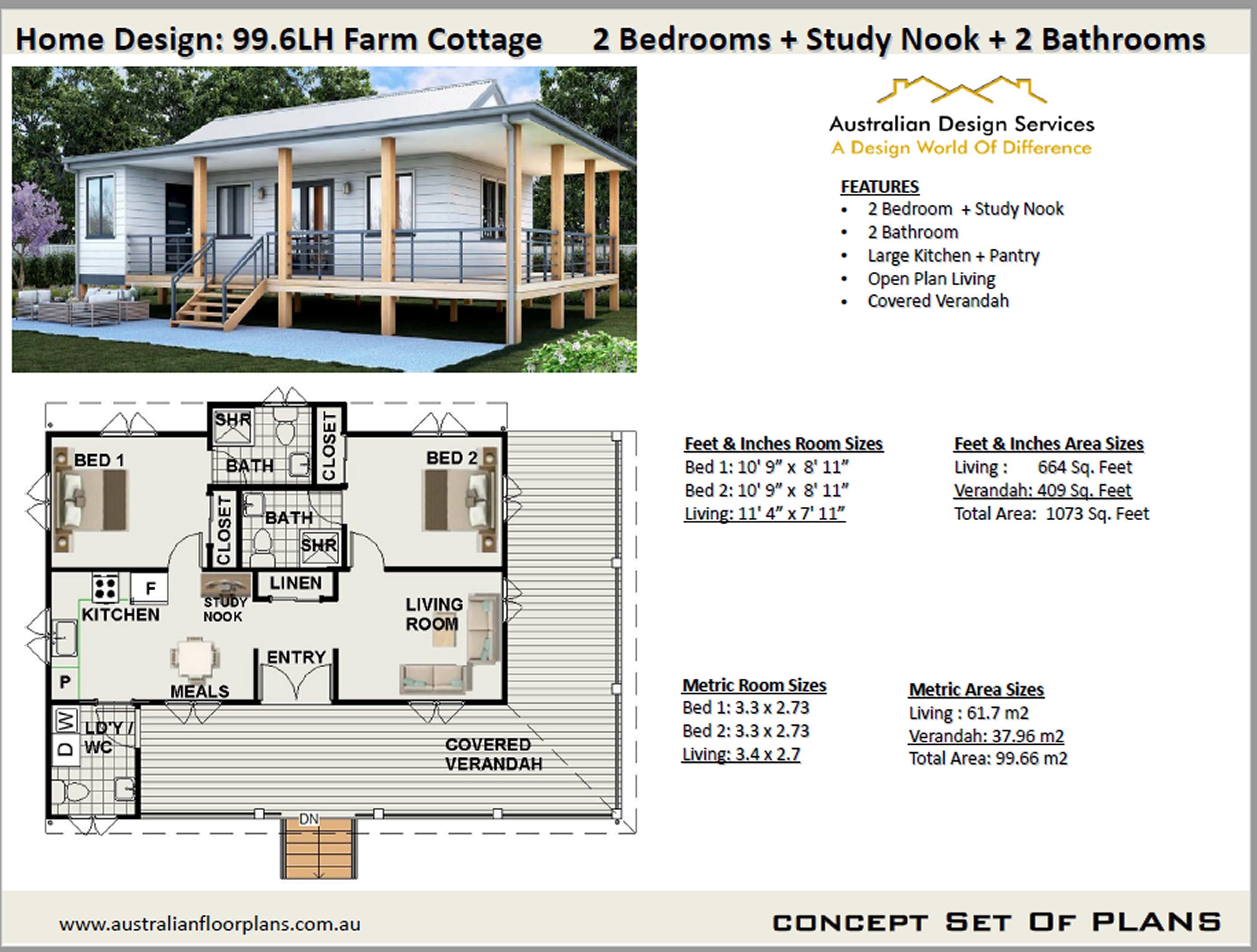 Country Cottage 2 Bed + 2 Bath House Plans for Sale | 61.7 M2 - 664 Sq ...