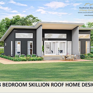 CASA CON 3 CAMERE DA LETTO - Progetti di case concettuali architettoniche / Progetto di una casa piccola ed economica con tetto spiovente moderno Metrico/piedi e pollici 47 x 34