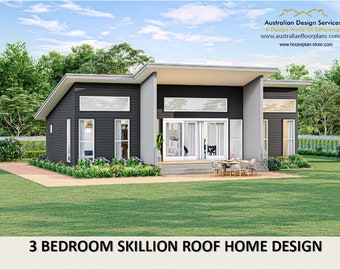 MAISON 3 CHAMBRES - Concept architectural plans de maison | Plan de petite maison bon marché de Modern Skillion Roof, métriques/pieds et pouces, 47 x 34