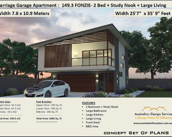 Carriage house  Garage Apartment Plan Fonzie 2 Bed + Study house plan Area 149.3 m2 |  1606 sq foot  |  Garage Apartment  | Carriage house