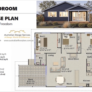 Könnte beinhalten: Ein Hausplan für ein Haus mit 3 Schlafzimmern, mit detailliertem Grundriss mit Abmessungen in Fuß und Zoll sowie metrischen Größen. Der Plan umfasst eine Küche, einen Wohnbereich und eine Waschküche. Gesamtfläche 118,0 m2. Foto des Hausäußeren.
