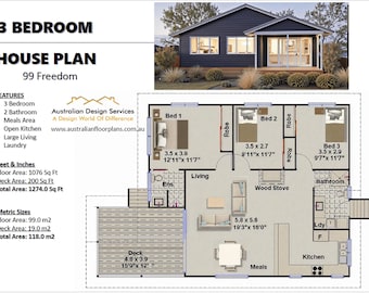 May include: A house plan for a 3-bedroom home, featuring a detailed floor plan with dimensions in feet and inches, and a photograph of the house exterior. The plan includes a kitchen, living area, and laundry room. Total area is 1274.0 sq ft.