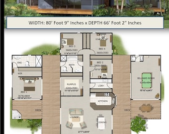 May include: Floor plan of a house with 80 feet 9 inches width and 66 feet 2 inches depth. The plan shows the layout of the rooms, including a billiard room, kitchen, dining room, lounge, rumpus room, bedrooms, bathroom, laundry room, and a deck.