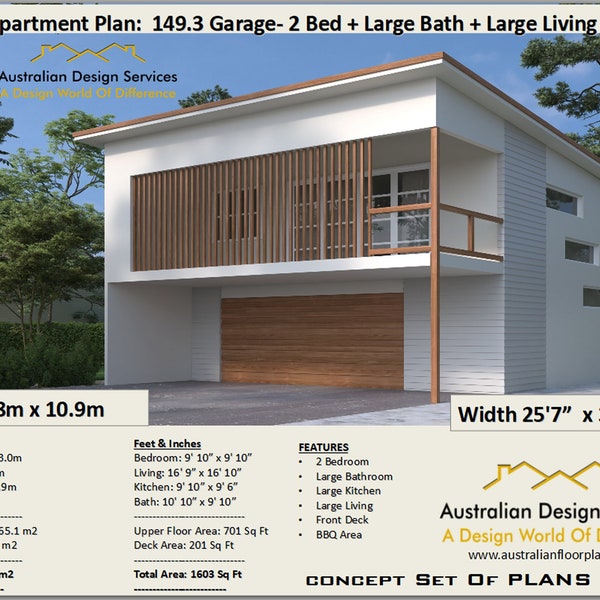 Garage Apartment 2 Bedroom house plan no- 149.3-2020  Living Area 65.1 m2 |  701 sq foot  | carriage house |  Concept House Plans For Sale