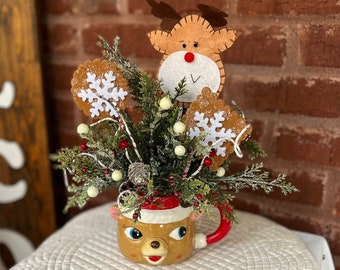 Reindeer Snowflake Coffee Mug Floral Arrangement, Rustic Reindeer Centerpiece, Christmas Kitchen Table Decor