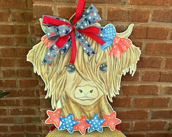 Patriotic Highland Cow Door Sign, Summer July 4th Front Door Decor, Mothers Day Gift,  New Homeowner Gift