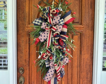 Patriotic July 4th Swag for Front Door, American Decorations, Red White Blue Door Wreath, July 4th Front Porch Decor