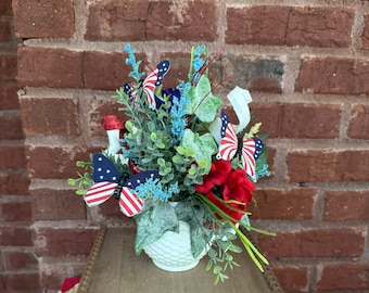 Summer 4th of July Tiered Tray Decorations,  Red White Blue Mini Creamer Floral, Patriotic Floral Decor, Mothers Day Gift