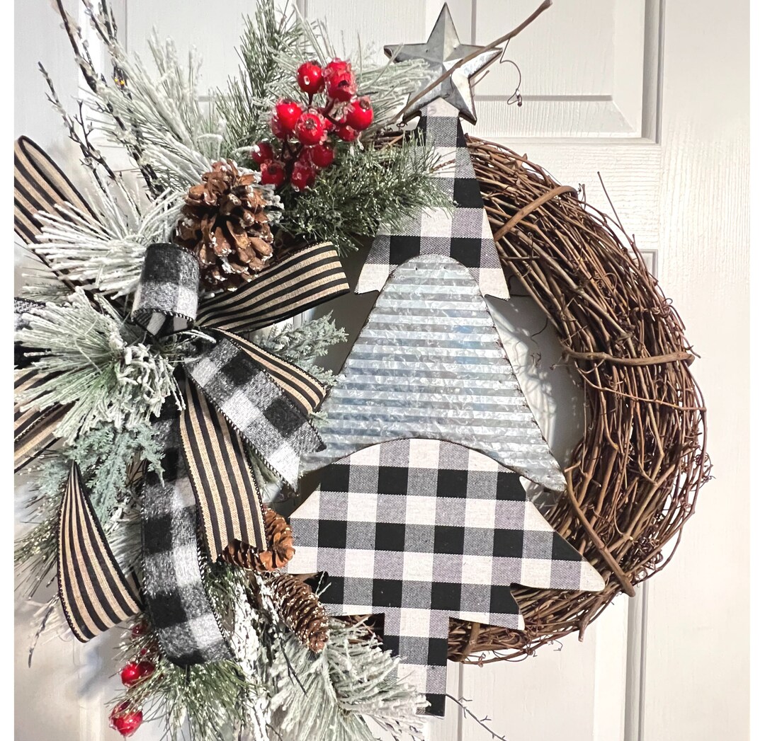 Fall Wreath for Front Door,Black and White Buffalo Plaid Kitchen Decor