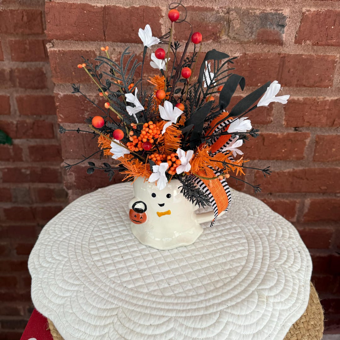 Cute Ghost Mug Centerpiece Pink & Black Halloween Floral Arrangement ...