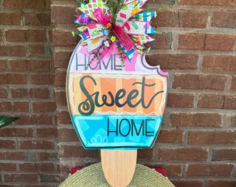 Home Sweet Home Ice Cream Door Hanger, Summer Front Door Decor, Ice Cream Front Porch Decor,  Summer Wreath Front Door