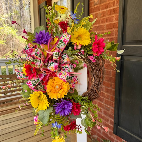 Spring Wreath for Front Door, Wildflower Wreath, Spring Front Porch Decor, Everyday Wreath, Wildflower Floral, Mothers Day Gift