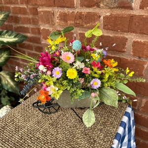Spring Wildflower Kitchen Centerpiece, Spring galvanized wheelbarrow floral, Country Rustic Decor