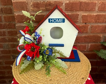 Summer Patriotic Birdhouse Floral for Kitchen Table,  July 4th birdhouse decor, Front Porch Decorations, Mothers Day Gift