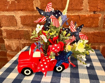 Red, White & Blue Truck for Tiered Tray, Mini Patriotic Truck Floral, Summer Table Floral, July 4th Decor, Memorial Day Floral